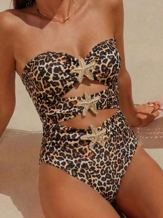 SHEIN Other - SHEIN Leopard Print Cutout One-Piece Swimsuit with Starfish Accents - Brown